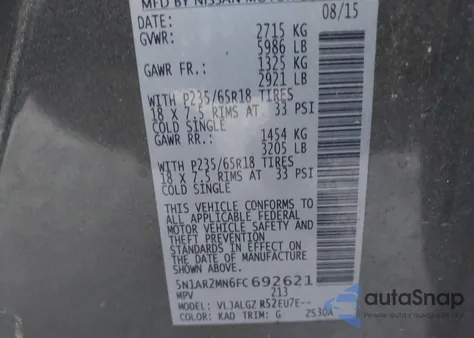 2015 Nissan Pathfinder Sl from USA, damaged, VIN 5N1AR2MN6FC692621